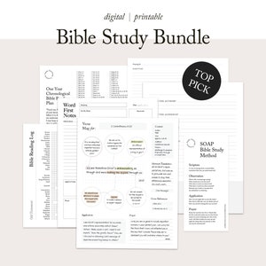 May include: A printable Bible study bundle with a black and white design. The bundle includes a one-year chronological Bible plan, word first notes, verse map, SOAP Bible study method, and a Bible reading log.