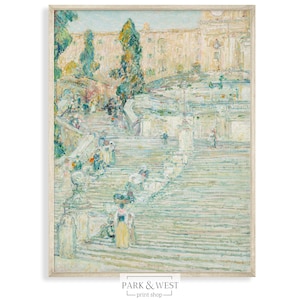 May include: A painting of a grand staircase with people walking up and down. The stairs are made of white stone and are surrounded by green trees and a building in the background. The painting is done in a style that is reminiscent of Impressionism, with loose brushstrokes and a focus on light and color.