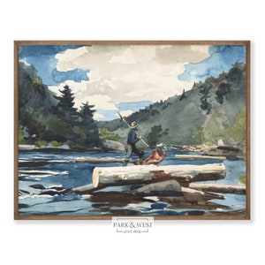 Pode incluir: Uma pintura a aquarela de um homem em pé em um tronco em um rio. Ele está segurando um bastão longo e está vestindo uma camisa azul e calças marrons. O rio é cercado por árvores e há outros troncos flutuando na água.
