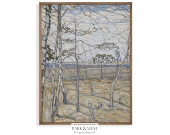 Arbres en hiver | peinture de paysage neutre vintage | Art numérique imprimable | Peinture à l'huile d'hiver