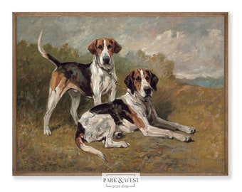 Two Hounds | Vintage Digital Printable Art | Antique British Beagle Dog Painting