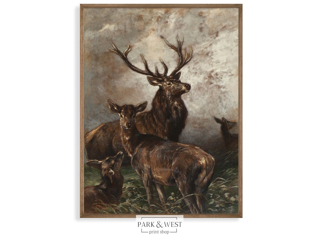 Stag and Does | Digital Printable Art | Vintage Deer Wildlife Oil ...
