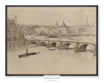 Pont Neuf | Digital Printable Art | Vintage Paris Seine River Sketch | Pont Neuf Bridge Drawing
