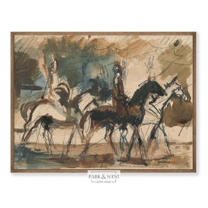The Riders | Digital Printable Art | Vintage Watercolor Horse and Rider Sketch | Antique Abstract Art