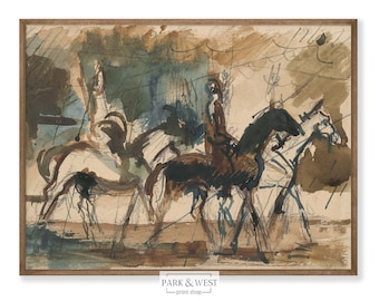 May include: A watercolor painting of three horses and riders in a muted brown, blue, and green color palette. The horses are in motion, and the riders are depicted in a stylized manner.