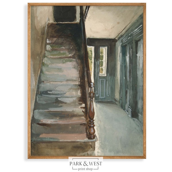 Moody Interior Study | Vintage Interior Still Life Painting | Digital Printable Art | Staircase View