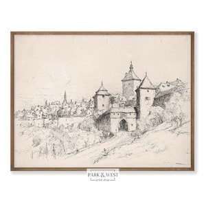 Rhineland Sketch | Digital Printable Art | Vintage German Village Landscape Drawing