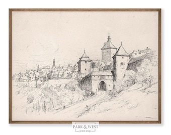 Rhineland Sketch | Digital Printable Art | Vintage German Village Landscape Drawing