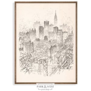 New York City Skyline Sketch | Digital Printable Art | Vintage NYC Cityscape Drawing | Antique Manhattan Print