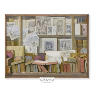 May include: A painting of a bookshelf filled with antique books. The books are stacked in piles and some are open. The bookshelf is made of wood and has a brown finish. The painting is in a realistic style and has a warm, inviting feel.