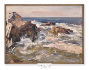 Rocky Cove | Vintage Coastal Wall Art | Digital Printable Art | Antique Nautical Ocean Painting