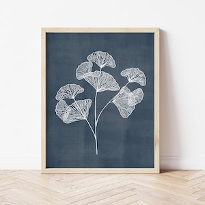 Gingko Leaf Wall Art. Gingko Wall Print. Navy Blue Wall Art. Modern Botanical Art Print. Leaf Illustration. Leaf Art Print. Nature Wall Art.