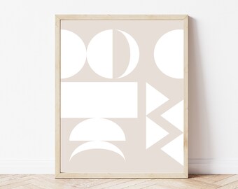 White Geometric Modern Abstract Shapes Wall Art Print. Neutral Digital Art Printable Download. Mid Century Modern Minimalist Home Decor.