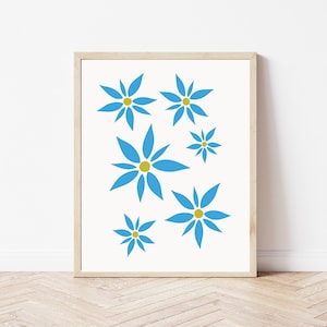Modern Botanical Wall Art. Blue Daisy Flower Minimalist Artwork. Bright Blue Floral Digital Print. Contemporary Simple Colorful Home Decor.