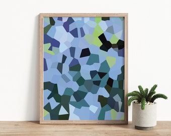 Blue Crystalline Abstract Art Print. Blue Green Gray Black Geometric Wall Art. Modern Cool Colors Minimalist Artwork. Fragmental Blue Print.