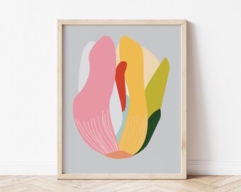 Abstract Modern Tropical Flower Art Print. Modern Graphic Botanical Floral Artwork. Contemporary Room Decor. Pink Yellow Plant Wall Art