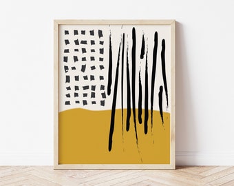 Mosterd gele abstracte kunst zwarte lijnen en stippen. Mid-Century Moderne Muur Kunst. Hedendaagse afdrukbare abstracte kunstwerken. Digitale download kunst