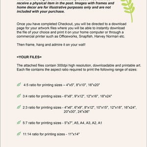 May include: A digital download of printable art. The text states that the files are 300dpi high resolution and include various aspect ratios for printing sizes, including 4x5, 3x4, 2x3, 5x7, and 11x14. The text also states that all images are copyright Leaf and Ream Leafandream.com 2021.