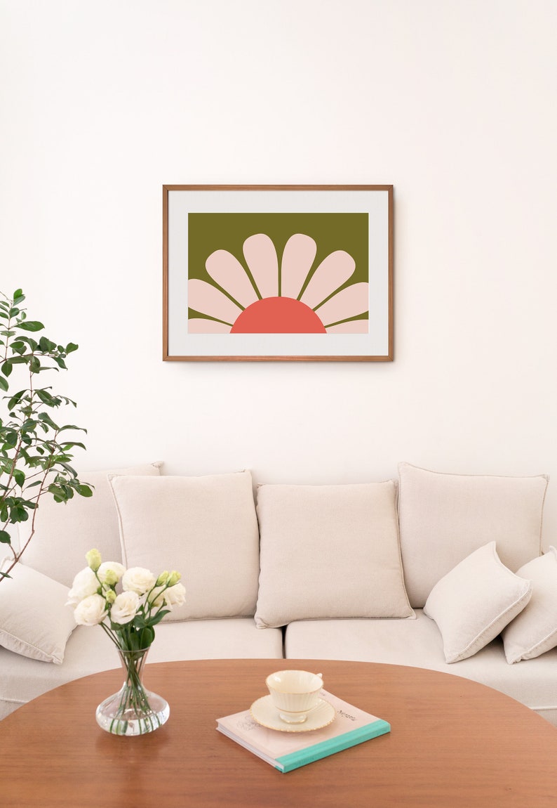 Coral Flower Art Print. Modern Floral Wall Art. Retro Flower Wall Art. Olive Art Print. 70s Flower Print. Dorm Room. Girl Room Decor Tween. image 4