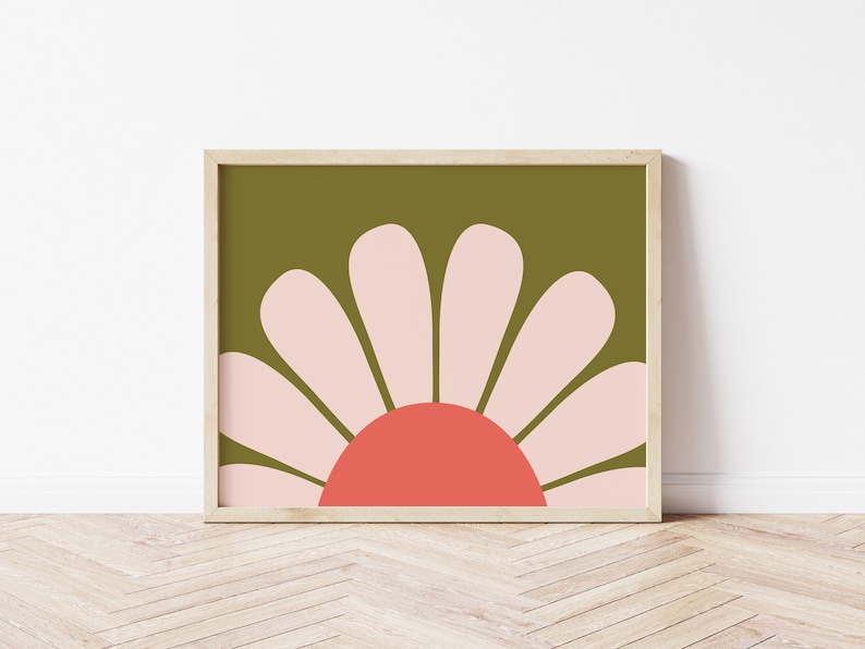 Coral Flower Art Print. Modern Floral Wall Art. Retro Flower Wall Art. Olive Art Print. 70s Flower Print. Dorm Room. Girl Room Decor Tween. image 1