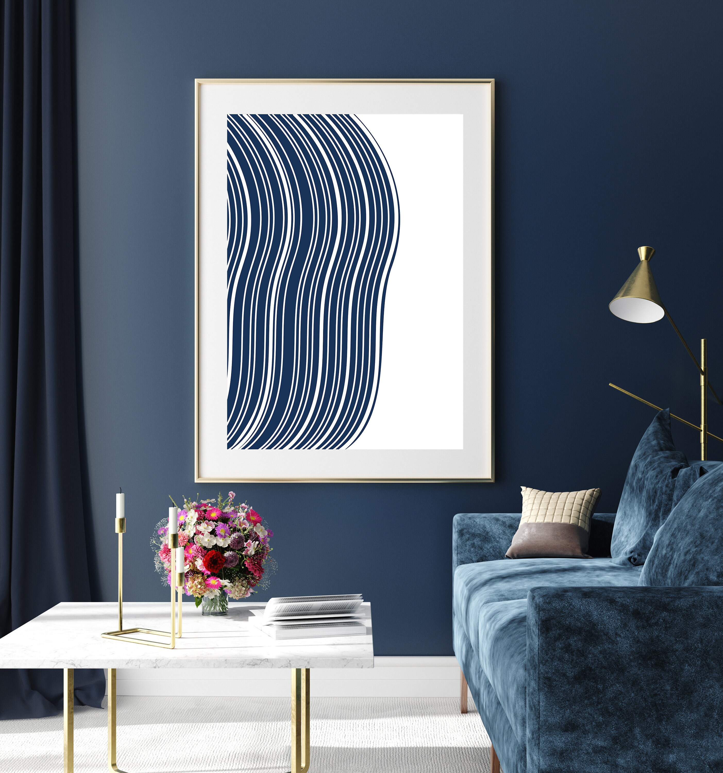 Navy Blue and White Abstract Line Art Print. Modern Coastal Wall Art ...