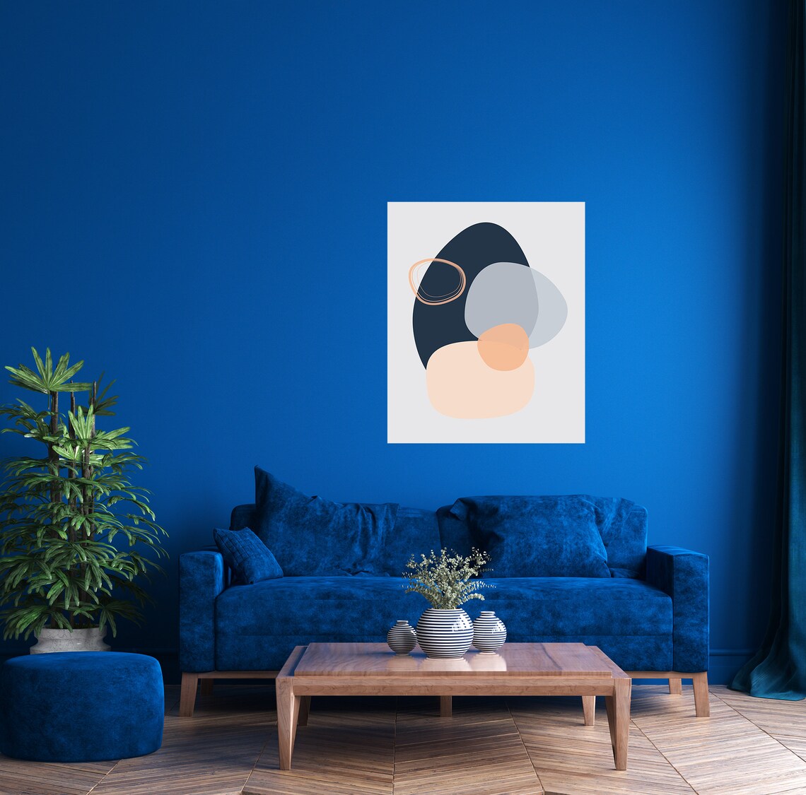Navy Blue Wall Art Modern Abstract Art Print Blue and Peach Etsy