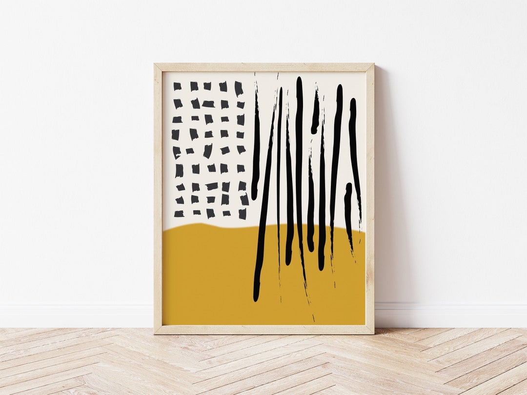 Mustard Yellow Abstract Art Black Lines and Dots. Midcentury Modern