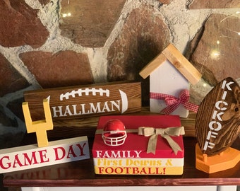 Football Lover Gift| Football Decorations| Fall Wood Book| Football Wood Book Stack| Mancave Decor| Football Team Decor| Sports Team Decor