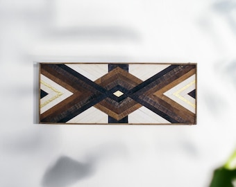 HOUTEN WANDPANEEL, geometrische houtkunst, rustieke lak gepolijst mozaïek houten rechthoek muur kunst, houten hangende decoratieve muur kunst