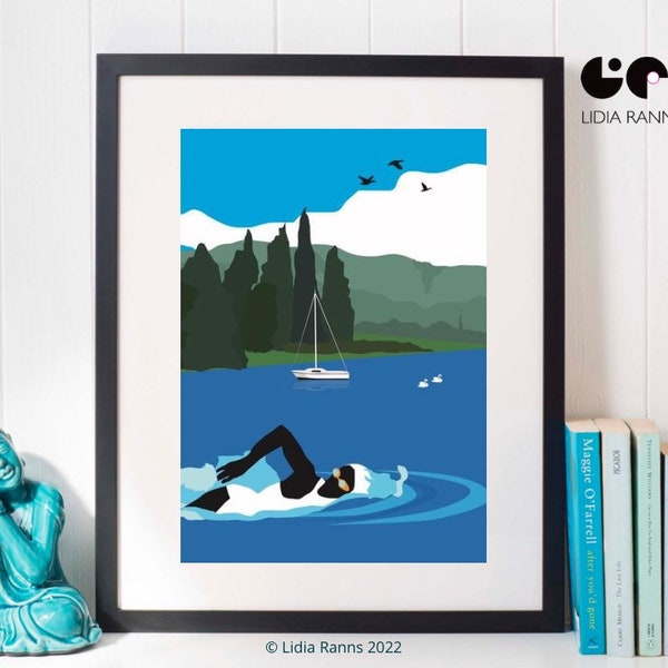 Open Water Swimmer. Lake Swimmer. Windermere. Art Deco Style Art print from original art by Lidia Ranns.