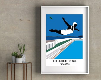 Jubilee Pool - Penzance. Bathing Belle. Art Deco Style Diver. Lido Art. Cornwall Art. Vintage Style Original Illustration Art Print