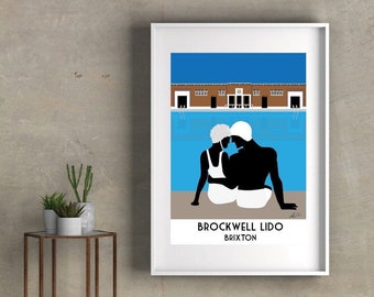 Brockwell Lido. Brixton, London. Art Deco Style. Vintage Bathers. Bathing Belle Signed Art Print From An Original Lidia Ranns Illustration