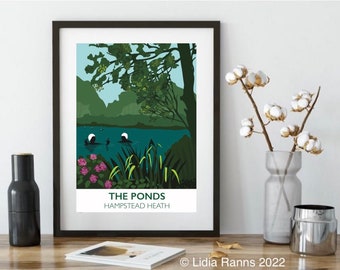 The Ponds. Hampstead Heath. London  - Art Deco vintage style Art print from original art by Lidia Ranns.