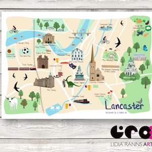 Impression illustrée de carte de Lancaster - monuments emblématiques de la ville, art dessiné à la main, art mural Lancashire, décoration d'intérieur unique, impression giclée sans cadre...