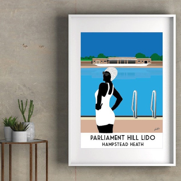 Parliament Hill Lido. Hampstead. London Print. Hampstead Heath. Art Deco Style. Bathing Belle. Swimmer. Lido Art Print Signed Giclee Print.