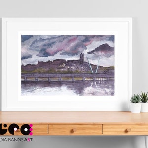 May include: A watercolour painting of a city skyline with a cathedral in the background. The sky is a dark purple with pink clouds. The city is silhouetted against the sky. A bridge crosses a river in the foreground.