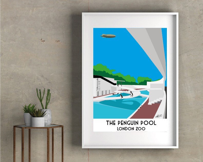 London Zoo - The Penguin Pool - Art Deco Architecture. Signed London Art Print. Giclee Print from original illustration by Lidia
