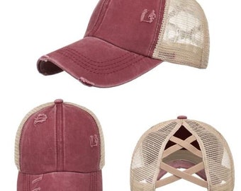 Distressed Ponytail Hat For Women - American Flag Design, Washed Cotton, Adjustable One Size, High Bun Opening - View #8