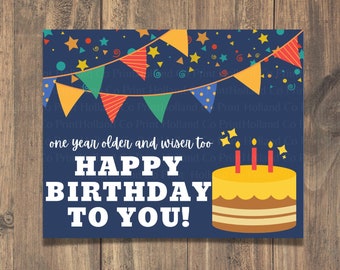 Primary Birthday Tag | One Year Older and Wiser Too | Happy Birthday Card |