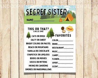 Ankieta do druku dla Secret Sister dla dziewcząt Camp | Kwestionariusz dla Secret Sister | LDS YW | Natychmiastowe pobranie