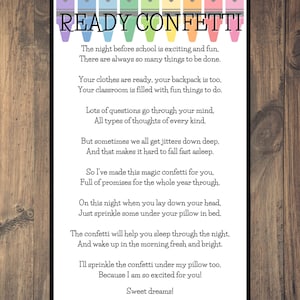 Back to School Ready Confetti Poem | Back to School | First Day of School | First Day of Kindergarten | From Mom and Dad |