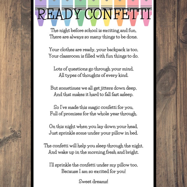 Back to School Ready Confetti Poem | Back to School | First Day of School | First Day of Kindergarten | From Mom and Dad |