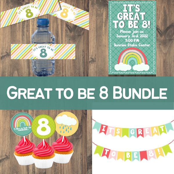 Great To Be 8 Bundle | Printable Invitation | Cupcake Toppers | Water Bottle Wraps | Bunting | Baptism Program |