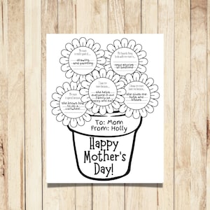 Muttertagsblumen-Fragebogen | Kinderarbeitsblatt mit Fragen über Mama | Geschenk für Mama | Schwarz und Weiß | Andenken | Blumen