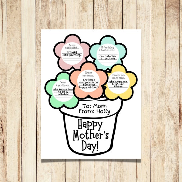 Mother's Day Flower Questionnaire | Kid's Worksheet With Questions About Mom | Gift for Mom | DIY Mother's Day Present | Keepsake | Flowers