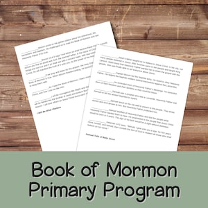 Puede incluir: Un póster imprimible colorido con el título "Programa Primario del Libro de Mormón". El póster presenta texto del Libro de Mormón, incluidas citas de Moroni y Helamán. El póster está diseñado para ser utilizado en un programa primario para niños.