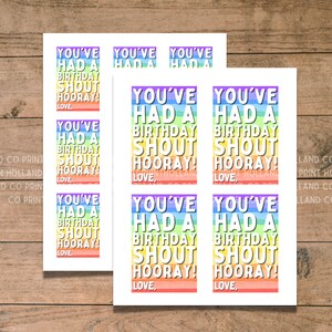 May include: Eight rainbow-striped gift tags with the text "You've had a birthday shout hooray! Love," printed on each tag.