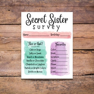 Encuesta imprimible de hermana secreta / Cuestionario para hermana secreta / Tarjetas de hermana secreta / Descarga instantánea