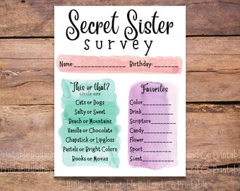 Ankieta do druku Secret Sister | Kwestionariusz dla Secret Sister | Karty Secret Sister | Natychmiastowe pobranie