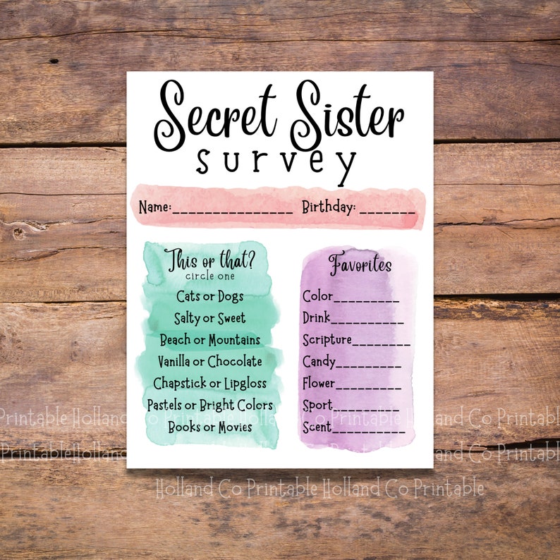 Secret Sister Printable Survey Questionnaire for Secret - Etsy